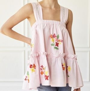 Mi Golondrina Mia Blouse, Striped Floral Embroidered Ruffle Boho Tank, EUC!
